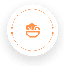 A bowl of food in an orange circle.